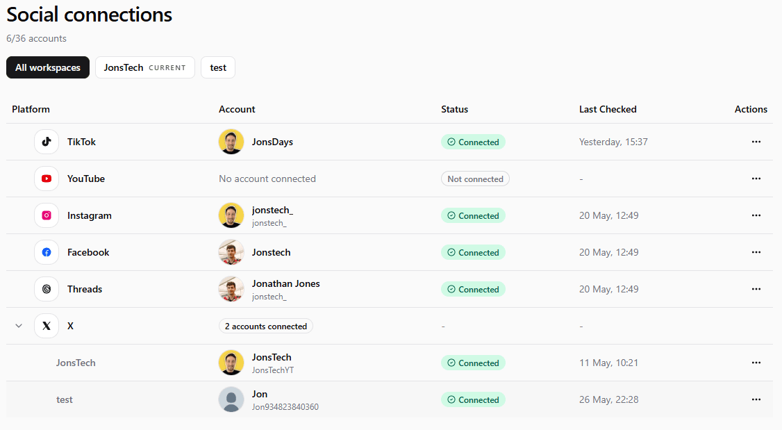 WooshOut connected social accounts page.