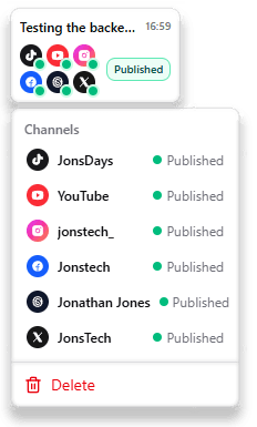 WooshOut published posts view with per-platform social post status.